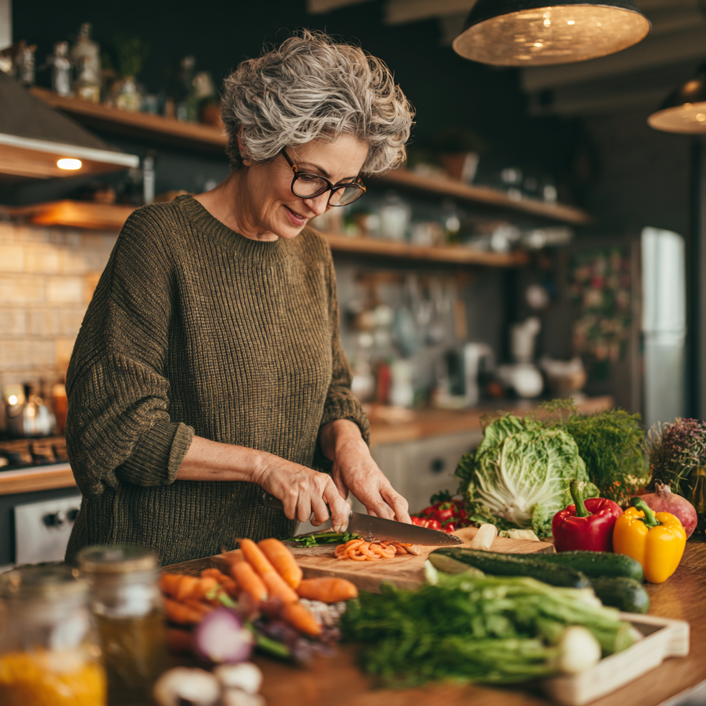 Middle-aged woman preparing fresh vegetables and healthy ingredients in modern kitchen