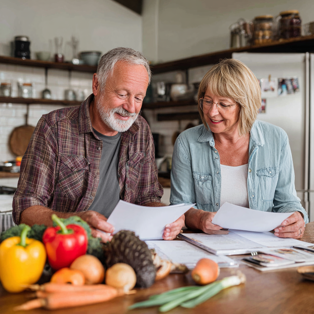 Senior couple reviewing meal plans and healthy recipes together at kitchen table
